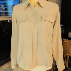 Ralph Lauren Women's Size 10P 100% Silk Blouse Button Up Cream Long Sleeves